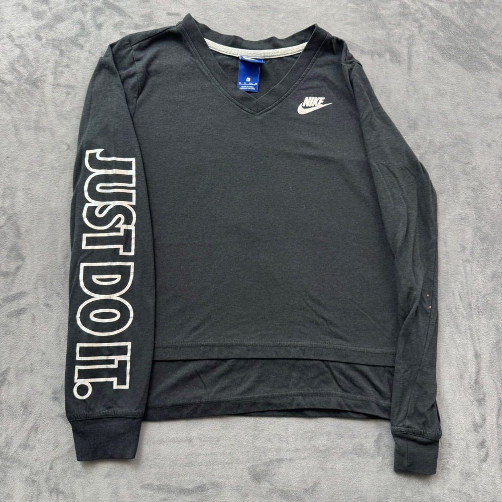 Nike Just Do It Long Sleeve V-Neck Graphic Top Black XS